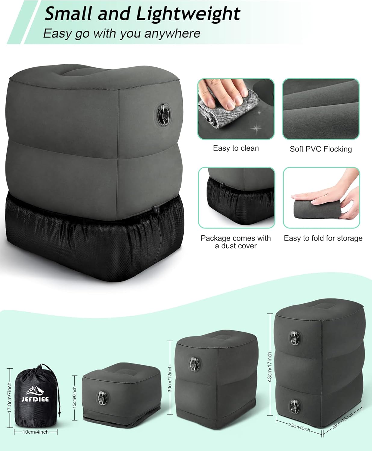 JefDiee Inflatable Travel Foot Rest Pillow, Kids Airplane Bed, Adjustable 3 Layers Height Leg Rest Pillow, Adults Travel Essentials Great for Airplane, Office, Home, Trains, Cars (Dark Grey)