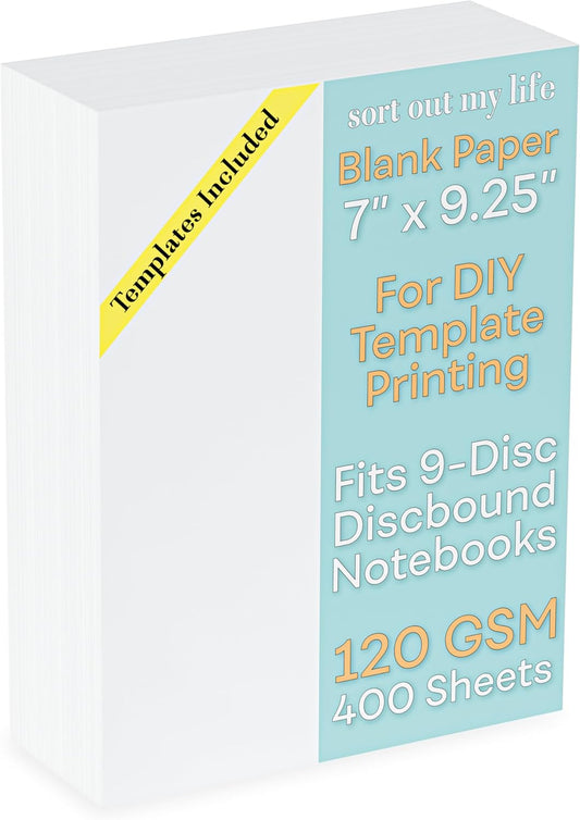 Blank 7 x 9.25 Inch Paper, 120 GSM, 400 Sheets, DIY Template Printing in Happy Planners, Classic Size Unpunched, Loose Leaf, White, Discbound 9 Disc Planner Refill