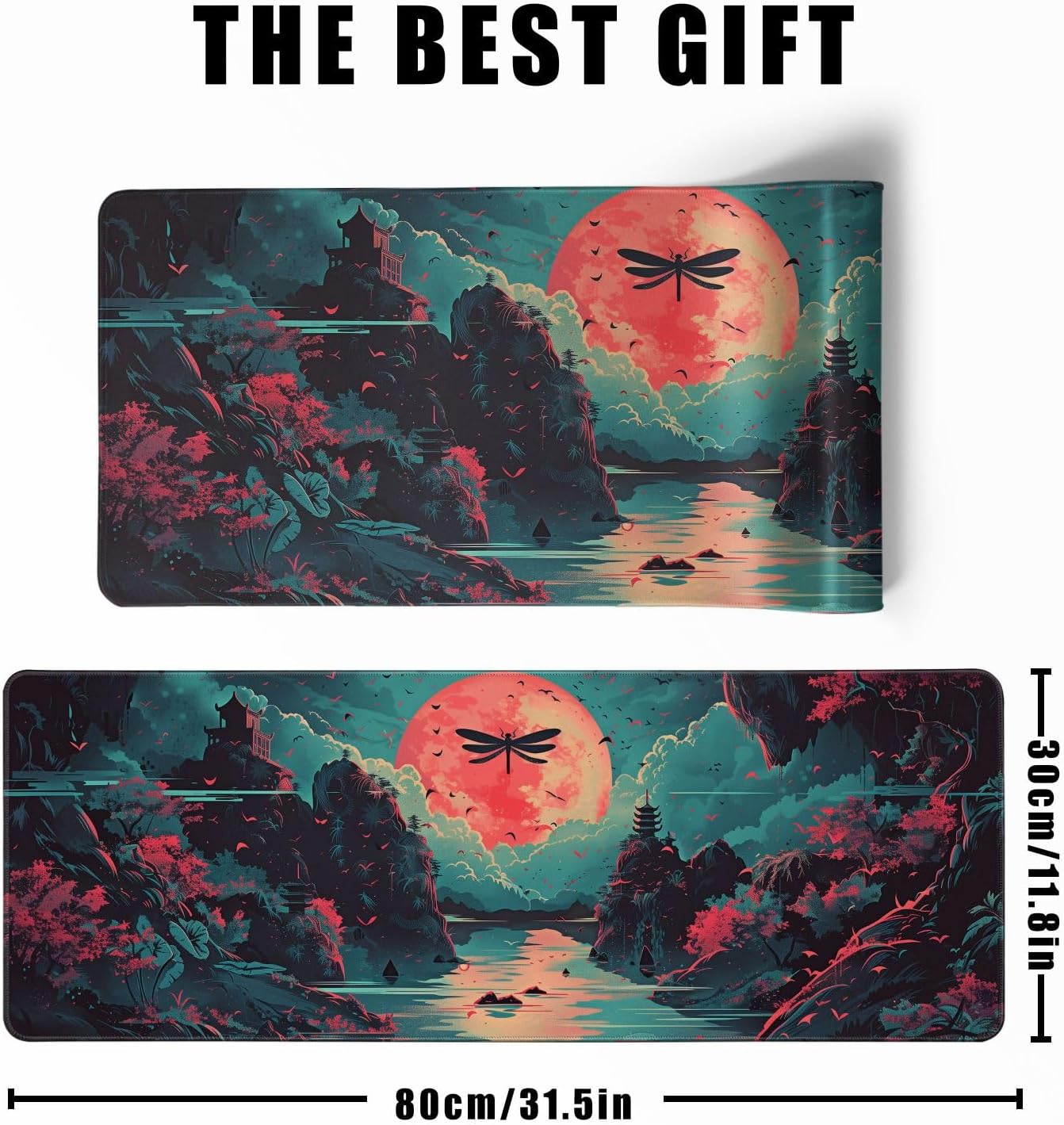 Japanese Desk Mat Riverside Full Moon Desk Pad Psychedelic Mlarge Mouse Pad Dragonfly Gaming Mousepad Extended XL Keyboard Pad 31.5 x 11.8 in Laptop Computer Mouse Keyboard Mat for Office Desk Decor