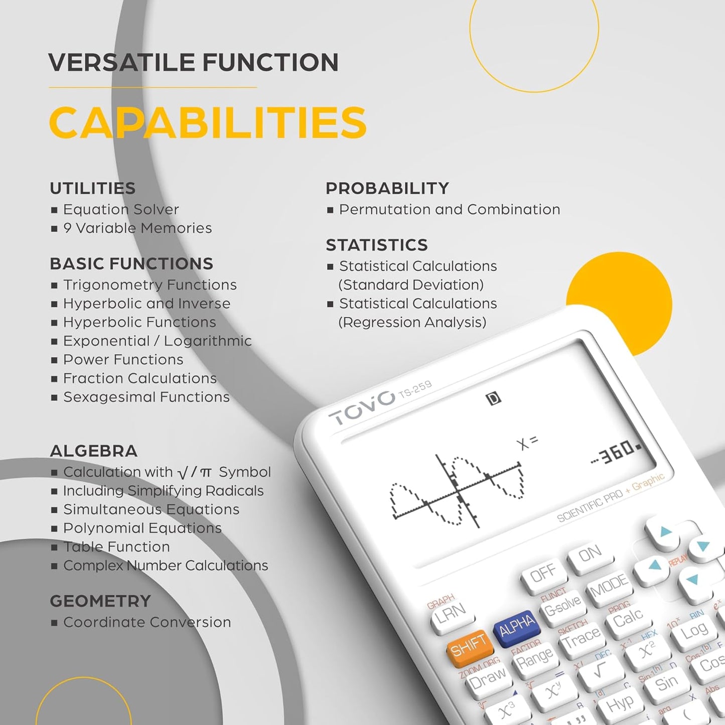 TOVO Scientific Calculator with Graphing Functions, Multiple Modes, 360 Functions, Large Screen, Intuitive Interface for Beginners, High School & Advanced Courses, TS-259 (Developed by CATIGA)