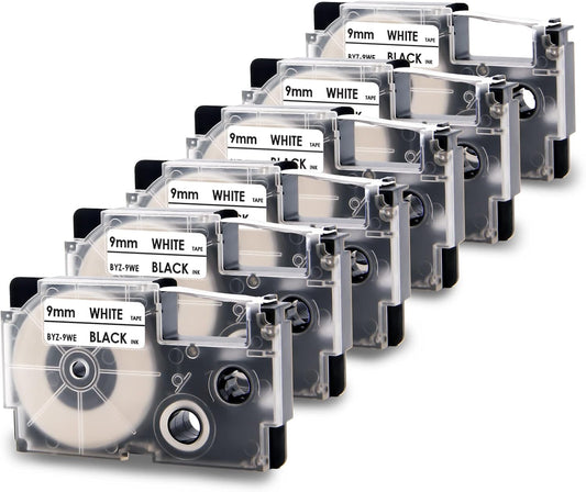 Absonic XR-9WE2S 9mm Label Tape Replace for Casio Xr-9we Label Maker Tape Use with Casio Label Printers KL-120 KL-60 KL-100 KL750B KL750 KL7200,6-Pack