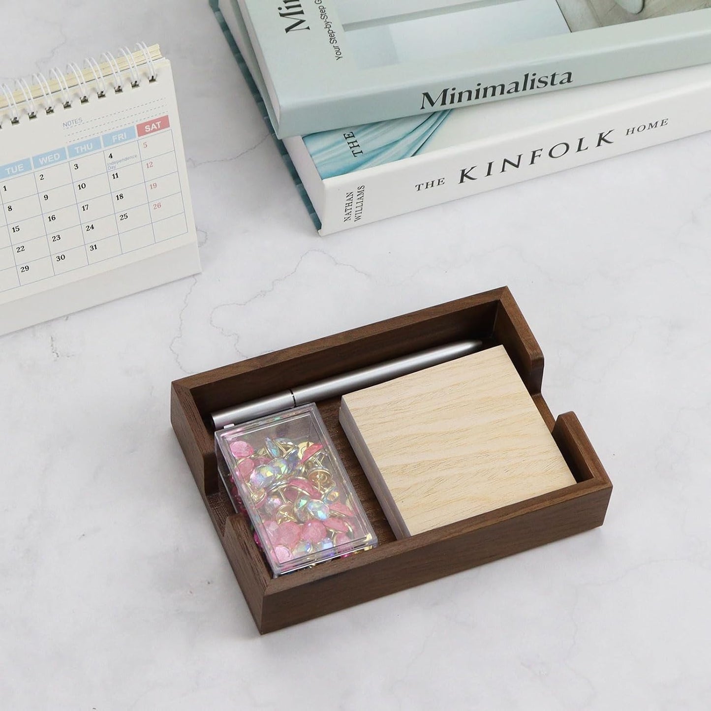 MultiBey Walnut Wood Sticky Notes Holder for Desk, 4x6 Inch Self -Sticky Note Memo Holder, Wooden Sticky Note Dispenser Office Desk Organizer for Dorm Room Office Home School (S)