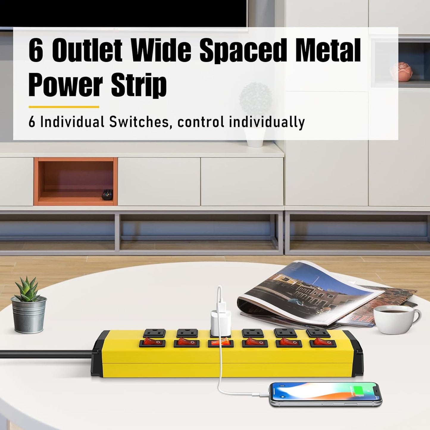 ANNQUAN 2PCS 6 Outlet Metal Power Strip with 6 Individual Switches,Heavy Duty Power Strip 1200J 15A 6FT Cord Home Office Industrial Commercial Shop