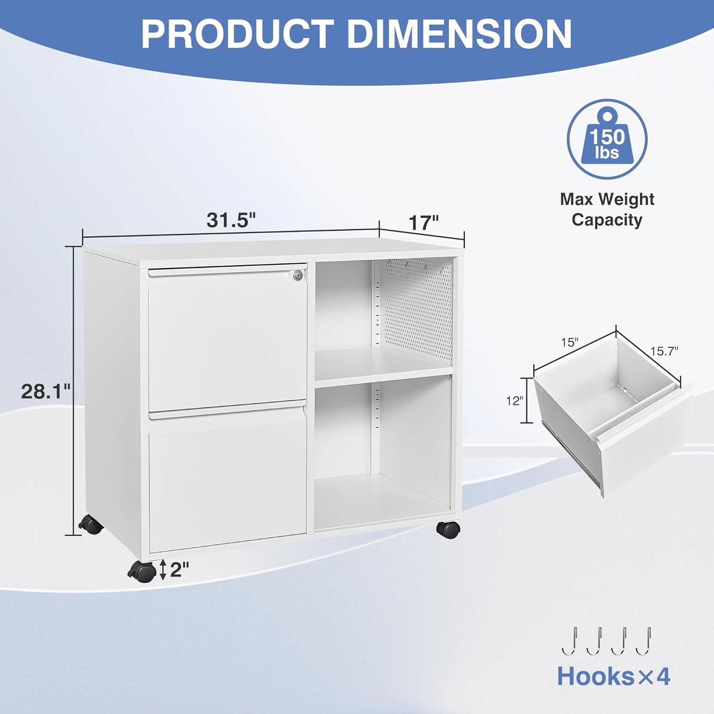 Metal File Cabinet,Lockable Lateral Filing Cabinet for Letter/A4 Size Files,Rolling Printer Stand with Adjustable Shelf & Lockable Wheelss for Home Office(White)