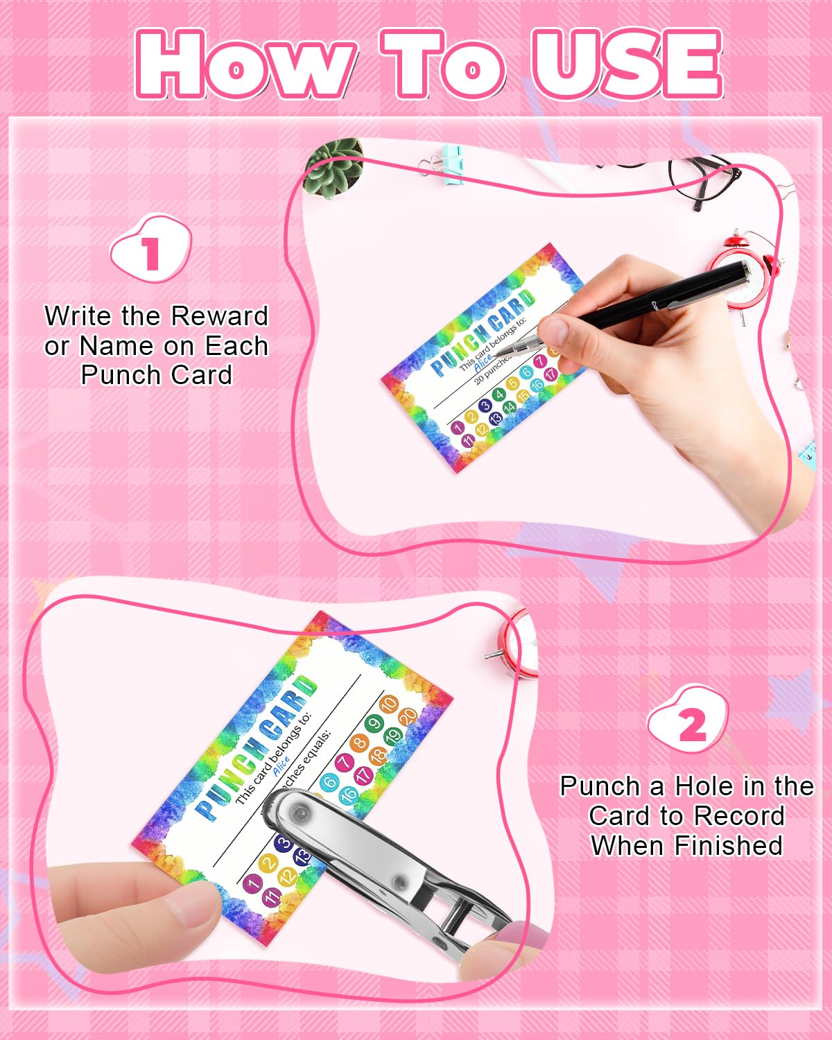 UCEC 200 Pieces Punch Cards for Classroom with Circle Hole Puncher, Incentive Loyalty Reward Card with Handheld Single Punch Kit to Behavior for Business Home Classroom School Kids Students Teachers