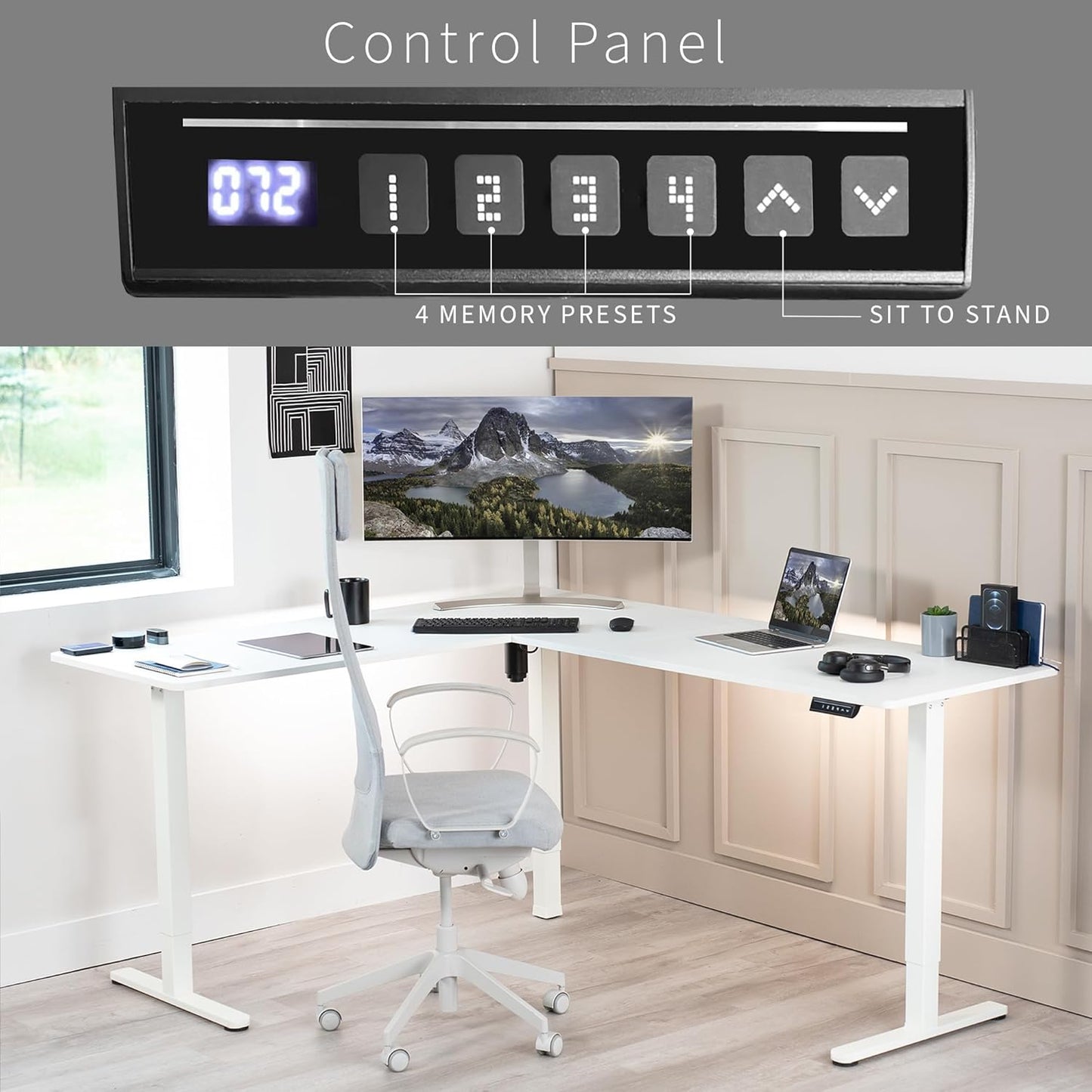 VIVO Electric Corner L-Shaped 75 x 63 in Rustic Standing Desk, Memory Height Adjustment, White Top White Frame, DESK-E3CTW-75