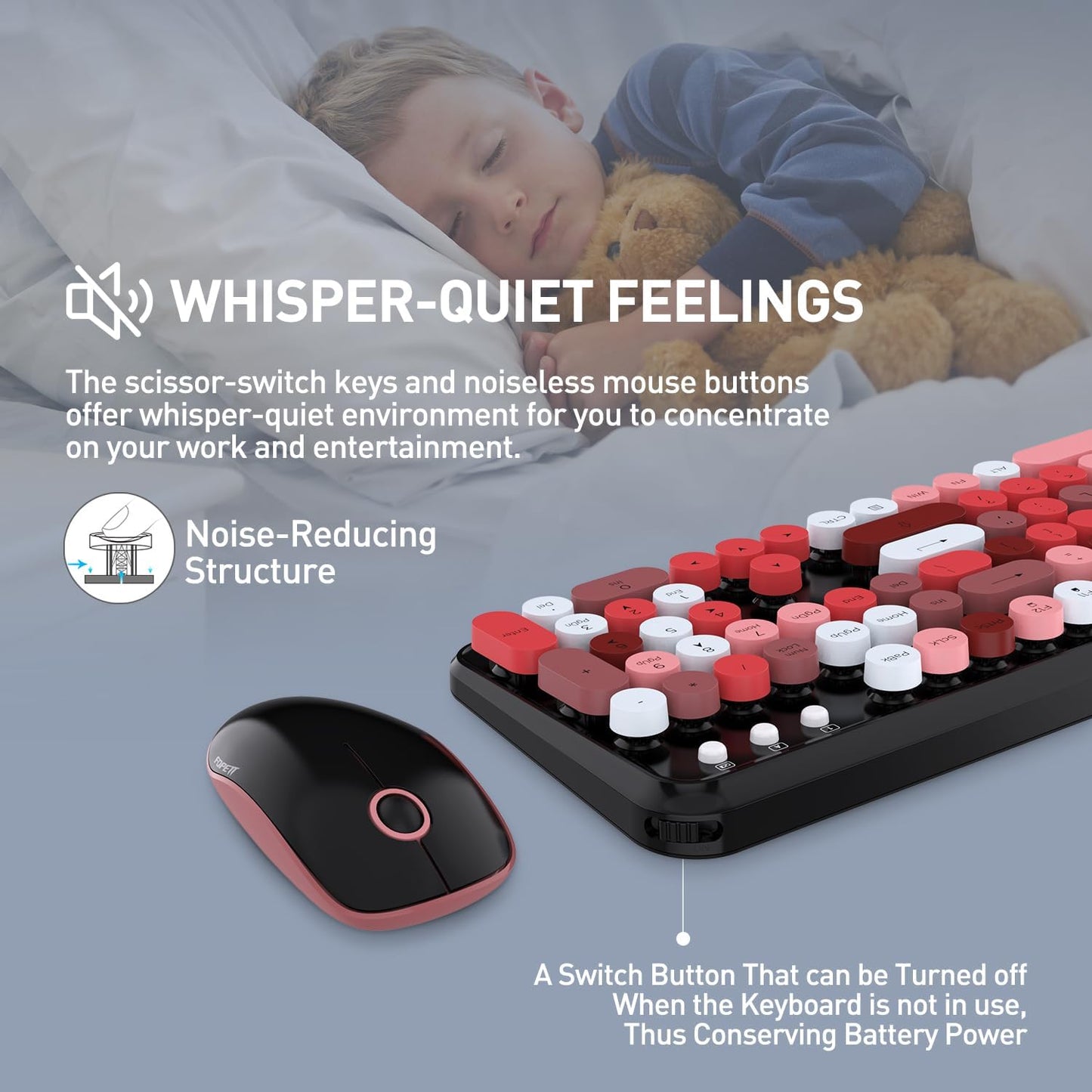 FOPETT 2.4GHz Wireless Keyboard and Mouse Set with Switch Button - Full-Size Keyboard - Compatible for Windows/Laptop/PC/Notebook/Smart TV and More - Black Colorful