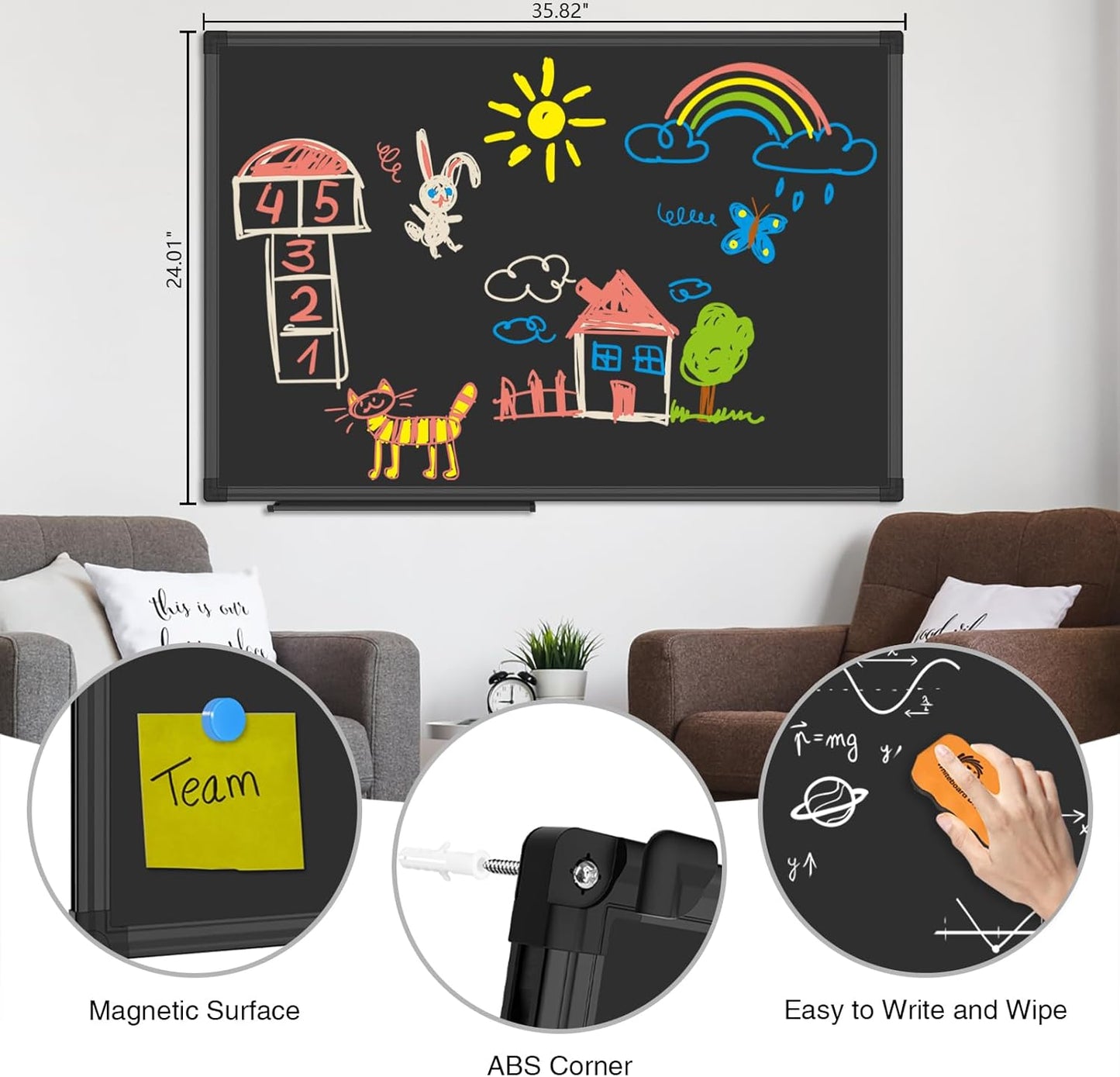 XBoard Magnetic Chalkboard Blackboard 36 x 24, Black Board with 2 Magnets, Black Aluminium Frame, Pin Collections