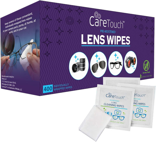 Care Touch Lens Wipes for Eyeglasses- 400 Count Individually Wrapped Pre- Moistened Wipes, 5 x 6 Inch- Camera Lens, Sunglasses and Glasses Cleaner,- Gentle and Portable for Cleaning of Optical Devices