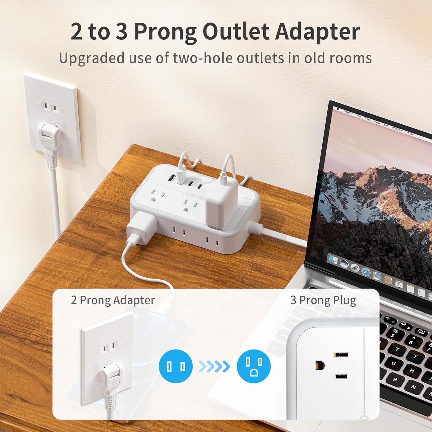 NTONPOWER 2 Prong Power Strip, 1875W/15A 2 Prong to 3 Prong Outlet Adapter, Surge Protector Power Strip with 4 USB Ports(2 USB C), 5 FT Rotating Flat Plug Extension Cord for Old House, Wall Mount