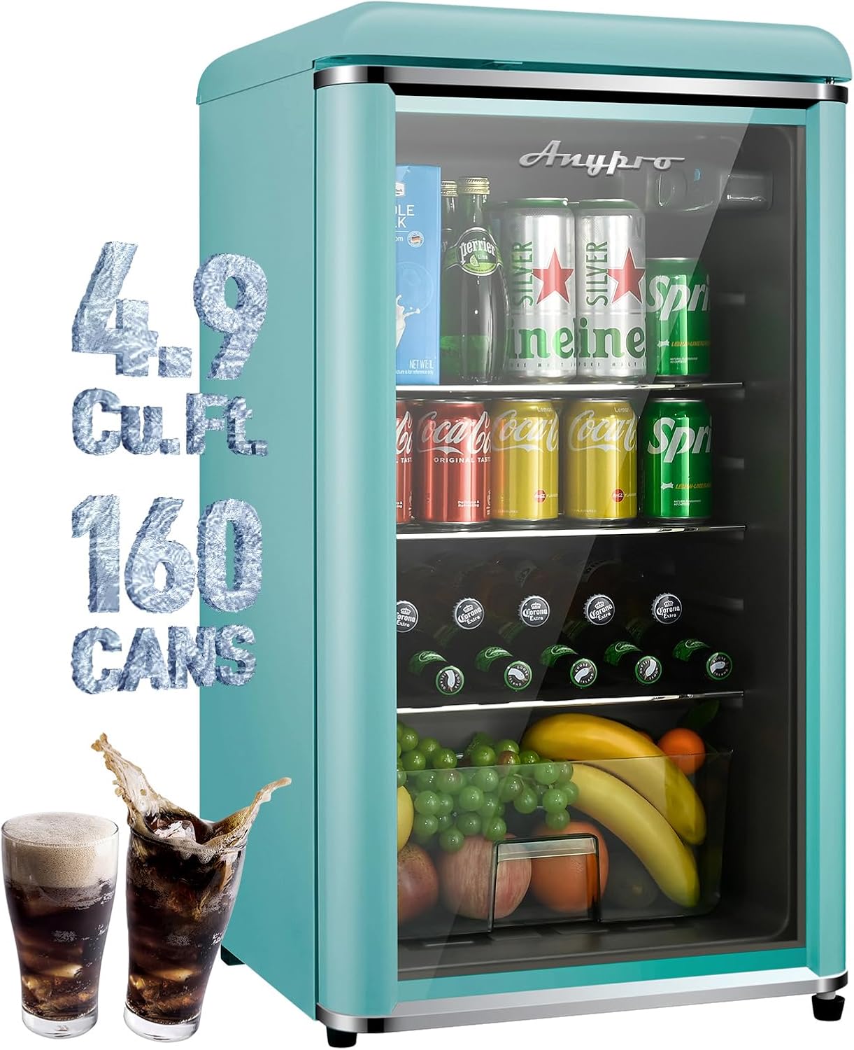 4.9 Cu.Ft Beverage Refrigerator Cooler with Double Tempered Glass Door, 120 Can Wine Drink Beer Retro Small Mini Fridge for Office Bedroom Bar with 7 Temperatures, Adjustable Shelves, Blue