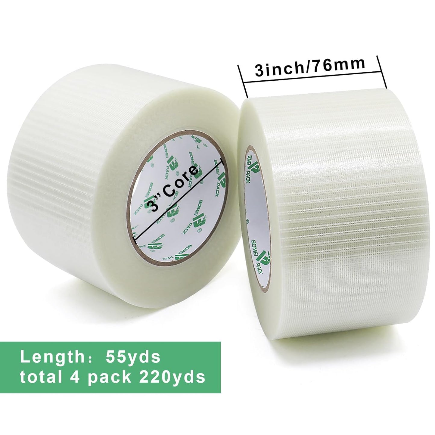 BOMEI PACK Fiber Reinforced Packing Tape 3 inch, Wide Clear Heavy Duty Bi Directional Filament Strapping Tape 3Inch x 55yds 6.7Mil, Total 4Rolls 220yds