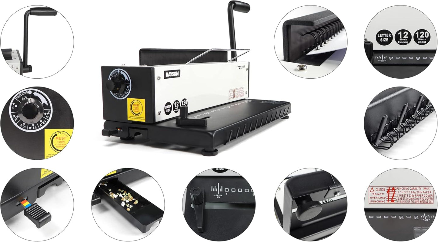 Rayson TD1202 Binding Machine, 3:1 Pitch Wire Binder, Punching 12 Sheets/Binding 120 Sheets with Sturdy Metal Construction