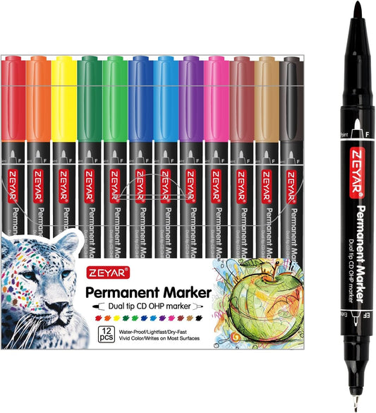 ZEYAR Twin Tip Permanent Markers, CD/DVD Markers, 12 Color, Ultra Fine Point and Fine Point for Signature and Marking (12 Colors)