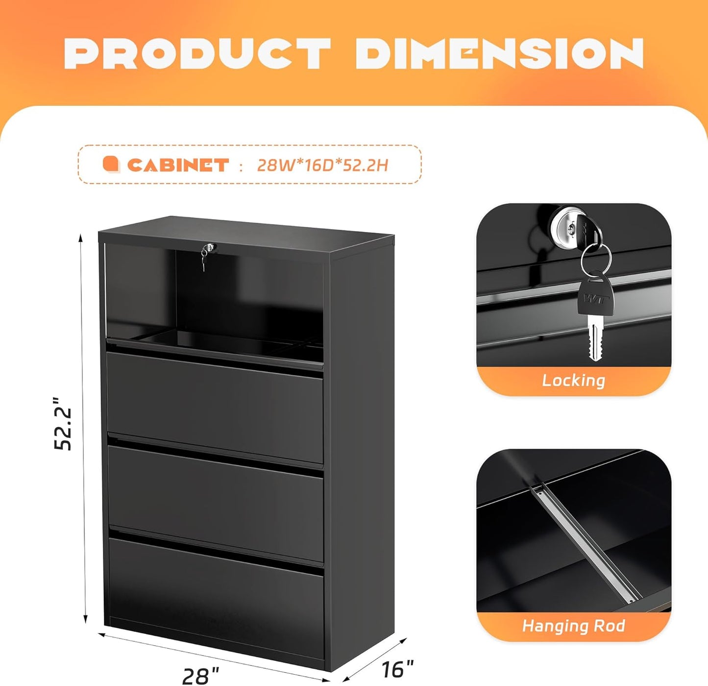 Superday Lateral File Cabinet 4 Drawer Metal File Cabinet with Lock, Black Filing Cabinets for Home Office, Locking Filing Cabinets Hanging Files Letter/Legal/F4/A4