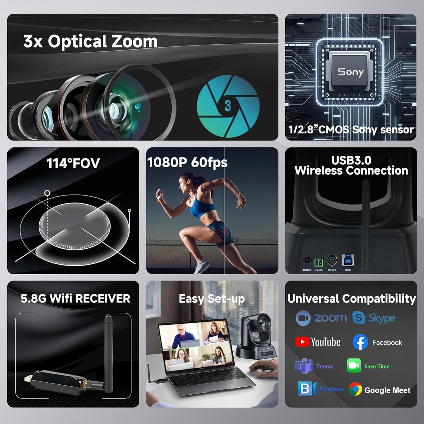 5.8GHz Wireless Conference Room Webcam, Church Live Streaming 3X USB 1080P 60fps PTZ Camera for Worship Services Online Conference, Works with Zoom, OBS Easy to Set Up