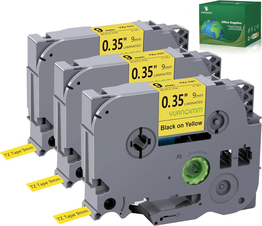 3-Pack TZe-621 Yellow TZe TZ Tape Compatible with Brother P Touch Label Maker Tape TZ-621 TZe621 TZ621 Label Tape 9mm 0.35 Laminated Black on Yellow for PTD210 PTD220 PTH110BP PTD410 PTD600