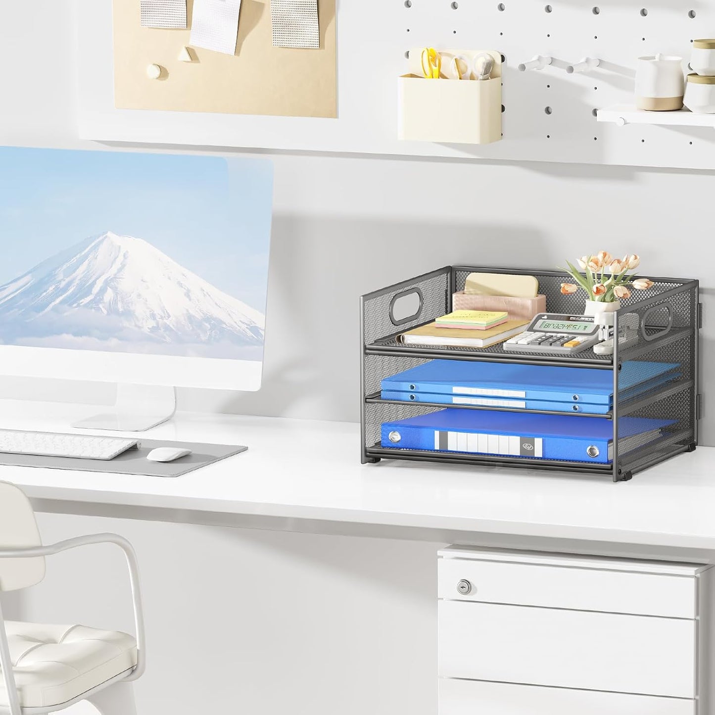 Subekyu 3 Tier Paper Letter Tray Organizer for Desk, Gray Metal Mesh Desk File Folder Sorter Organizer with Handle and Sliding Tray for Home, Office, School Supplies Organization Storage