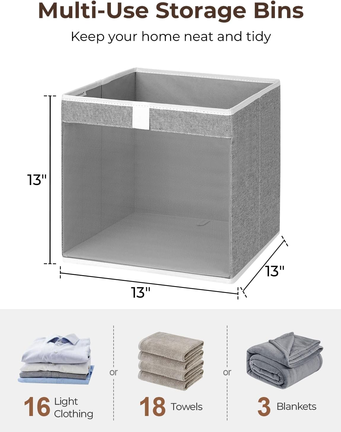 StorageWorks 13x13 Storage Cubes, Closet Storage Bins with Clear Window, Large Fabric Organizer for Clothes, Collapsible Storage Baskets with Handles, Gray, 3-Pack