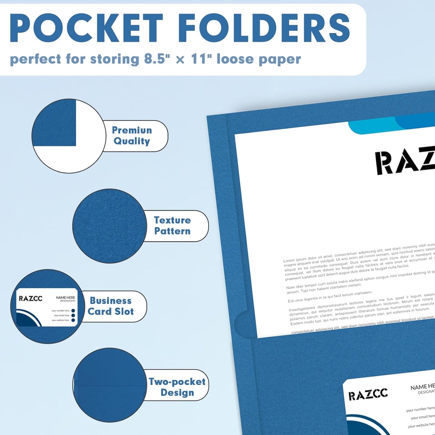 Two Pocket Folders, RAZCC 50 Pack 2 Pocket Folders Fit Letter Size Paper, Paper Folders with Pockets for School Office Business Home, Navy Blue
