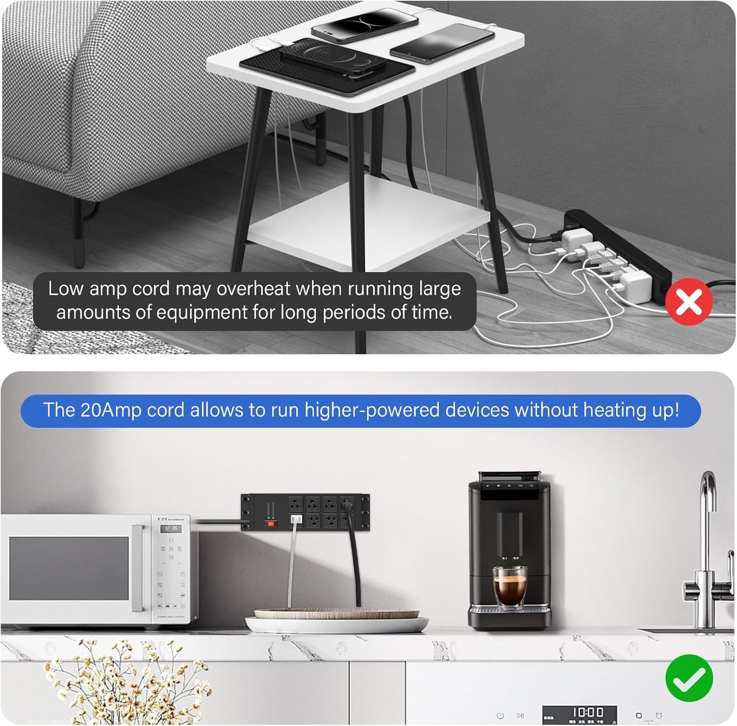 CCCEI Black Heavy Duty Power Strip Surge Protector 20 AMP, 8 Outlets 12 Gauge Industrial Shop Garage Metal Multiple Outlets, 25 FT Extension Cord 5-15P Adapter High Amp 6-20R T-Slot 20a for Appliance