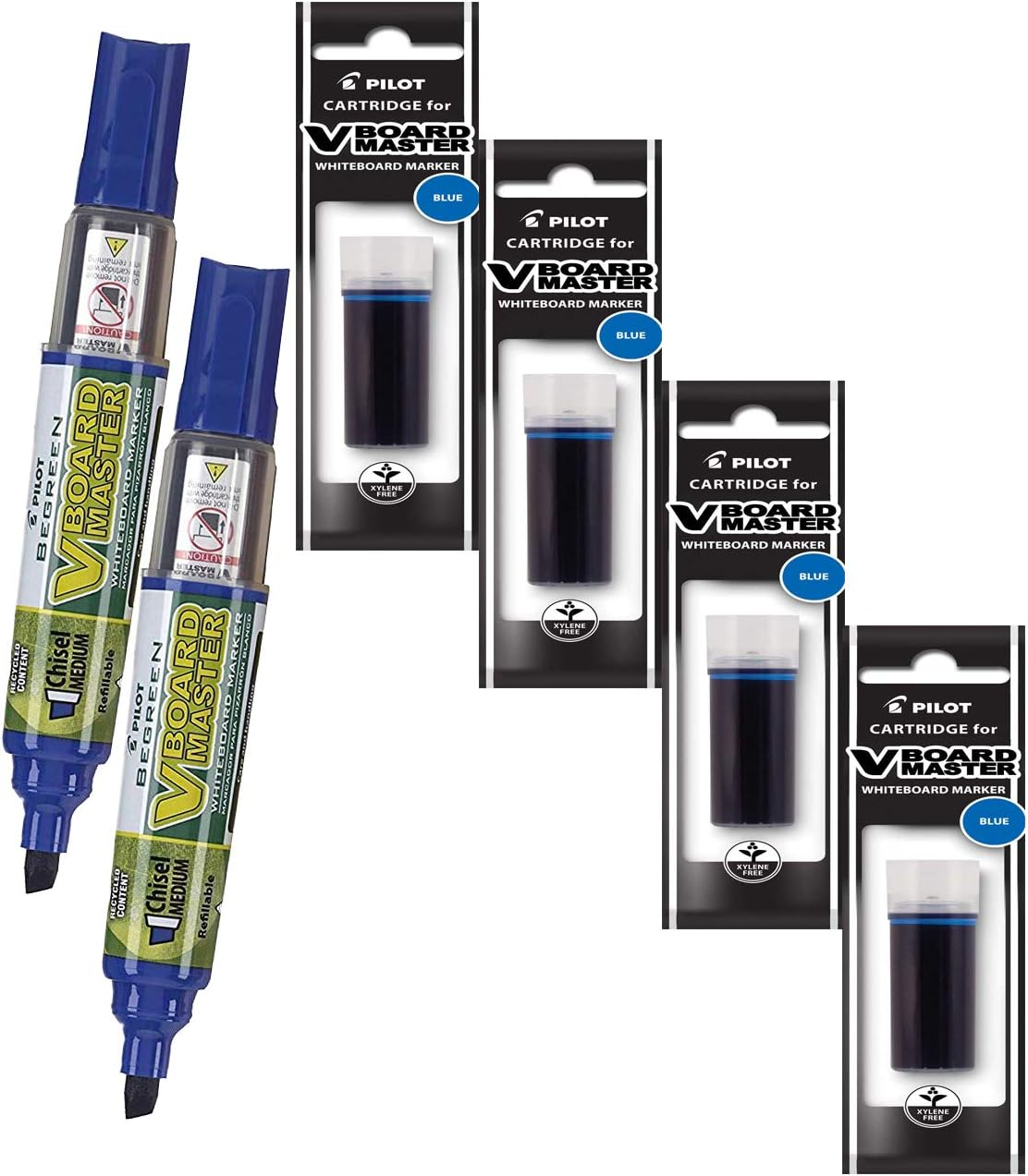 Refillable Dry Erase Markers, Pilot V Board Master, 2 Blue Ink Chisel Tip Markers with 4 Refills, P1a439156p