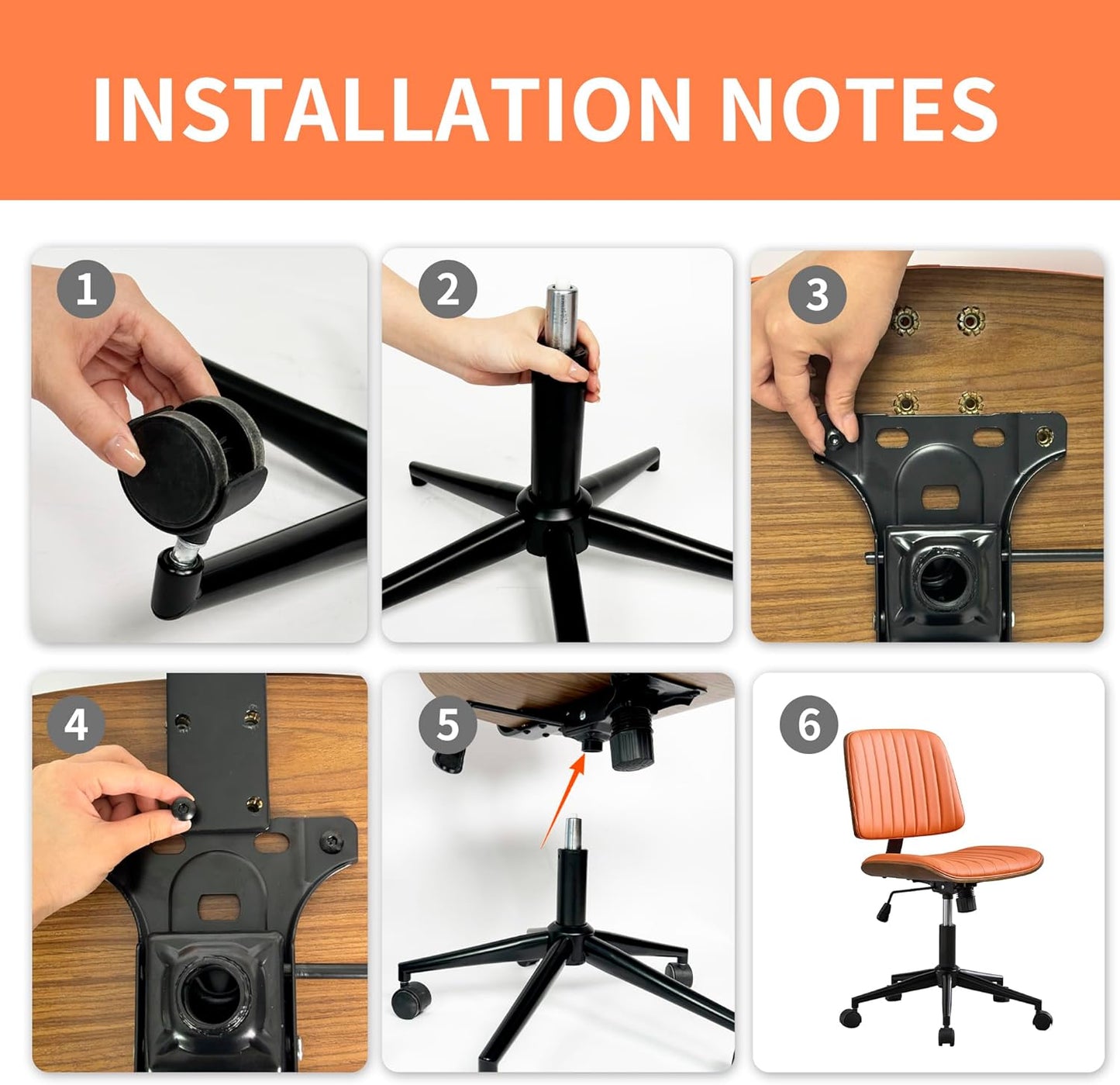 Small Home Office Chair - Armless Mid Back Desk Chair with 360° Swivel and Wheels, PU Upholstered Height Adjustable Modern Walnut Computer Chair for Home, Office Meeting Room - Orange