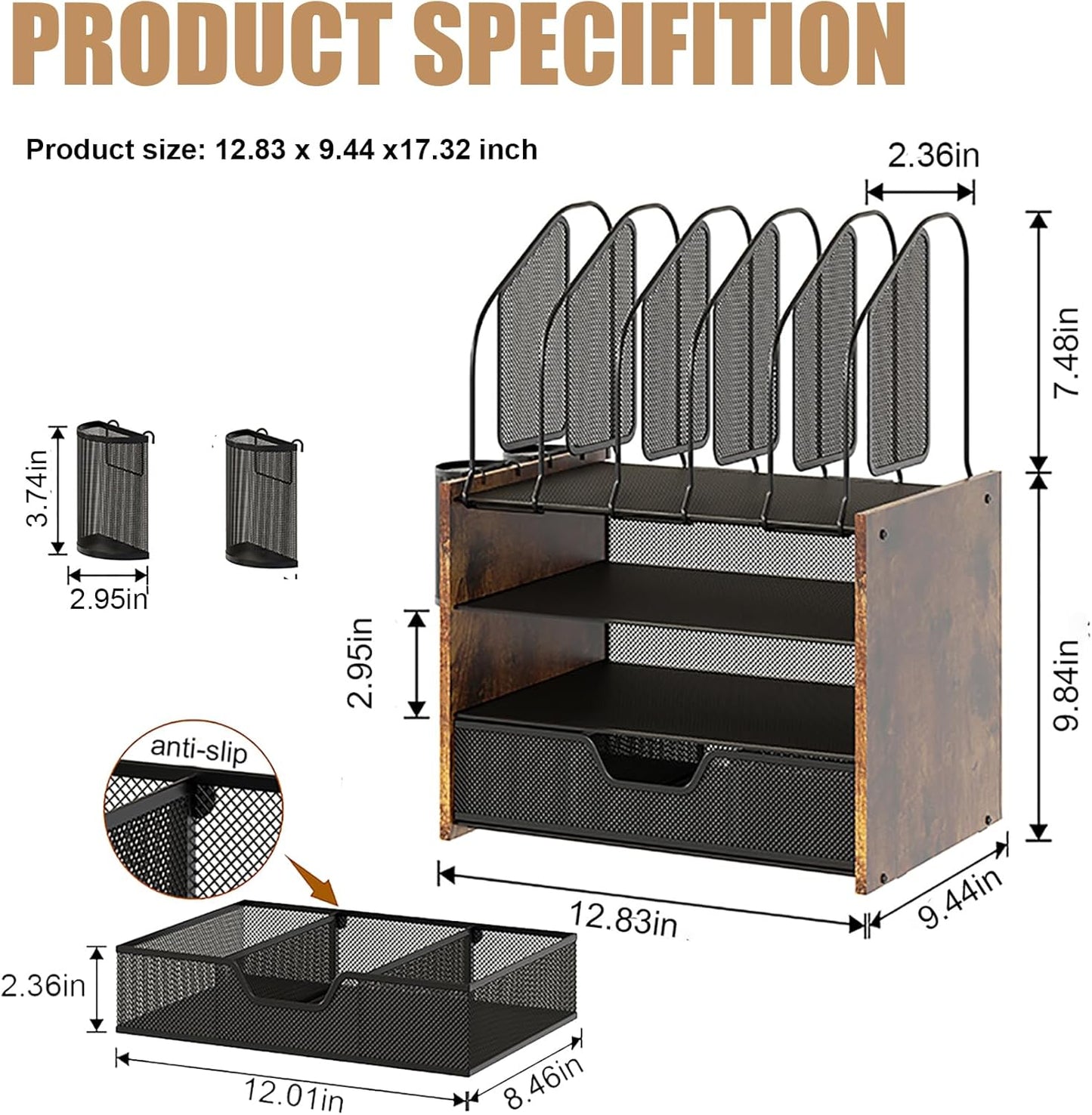 Wood Desk Organizer - 4-Tier Desktop File Organizer with Drawer, Wooden Paper Tray, Vertical File Holders & 2 Pencil Holders - Office Desk Organizer for Papers, Mail, Notebooks, Stationery
