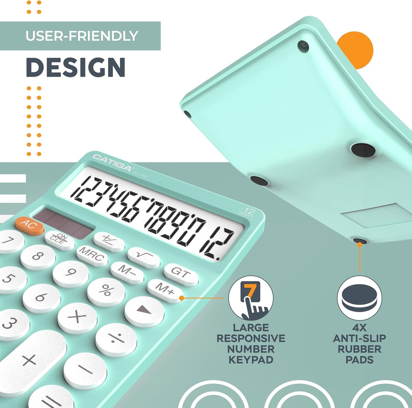 CATIGA 12 Digit Desktop Calculator Basic Desk Calculator with Large LCD Display, Big Buttons, 4 Function, Solar and Battery Dual Power, for Office, School, Home, SD-1292 Fresh Blue