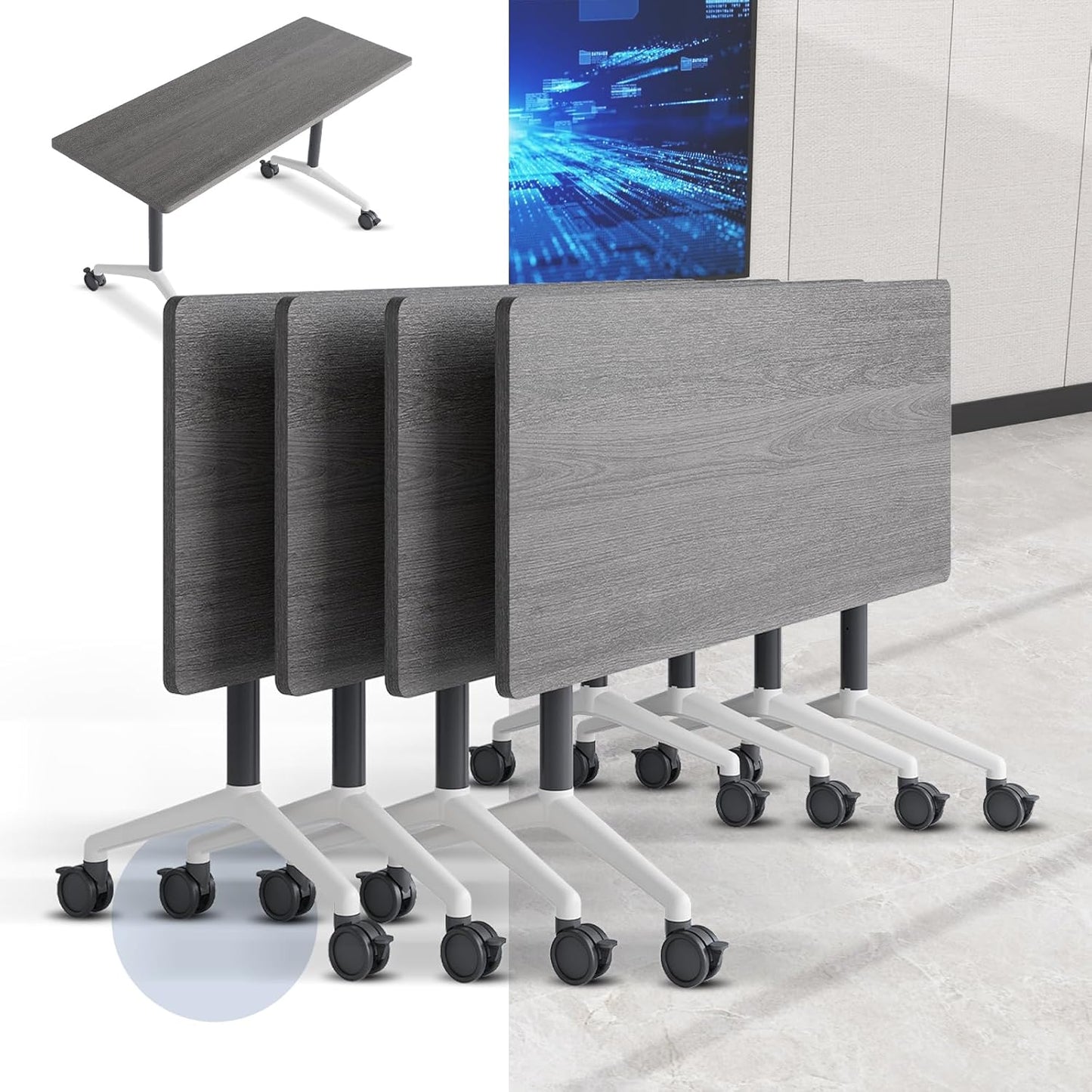 Folding Conference Table, Mobile Training Table for Office Conference, Modern Modular Rectangular Work Desk Meeting Seminar Work Tables with Caster Wheels, Large Breakroom Tables (4Pack L55.1in)