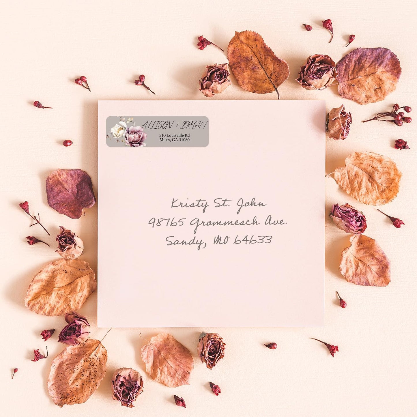 Taupe Watercolor Floral Rolled Address Labels / 500 Personalized Return Address Labels/Designer Address Stickers in Elegant Plastic Dispenser