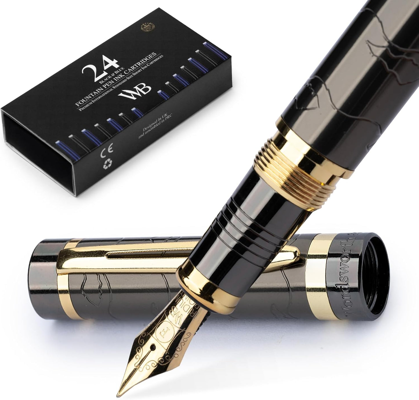 Wordsworth & Black Primori Fountain Pen Set [Gunmetal Gold]; Fine Nib, Gift Case, 24 Ink Cartridges, Refill Converter, Manual; Journaling, Calligraphy, Smooth Writing Pens; Left and Right Handed