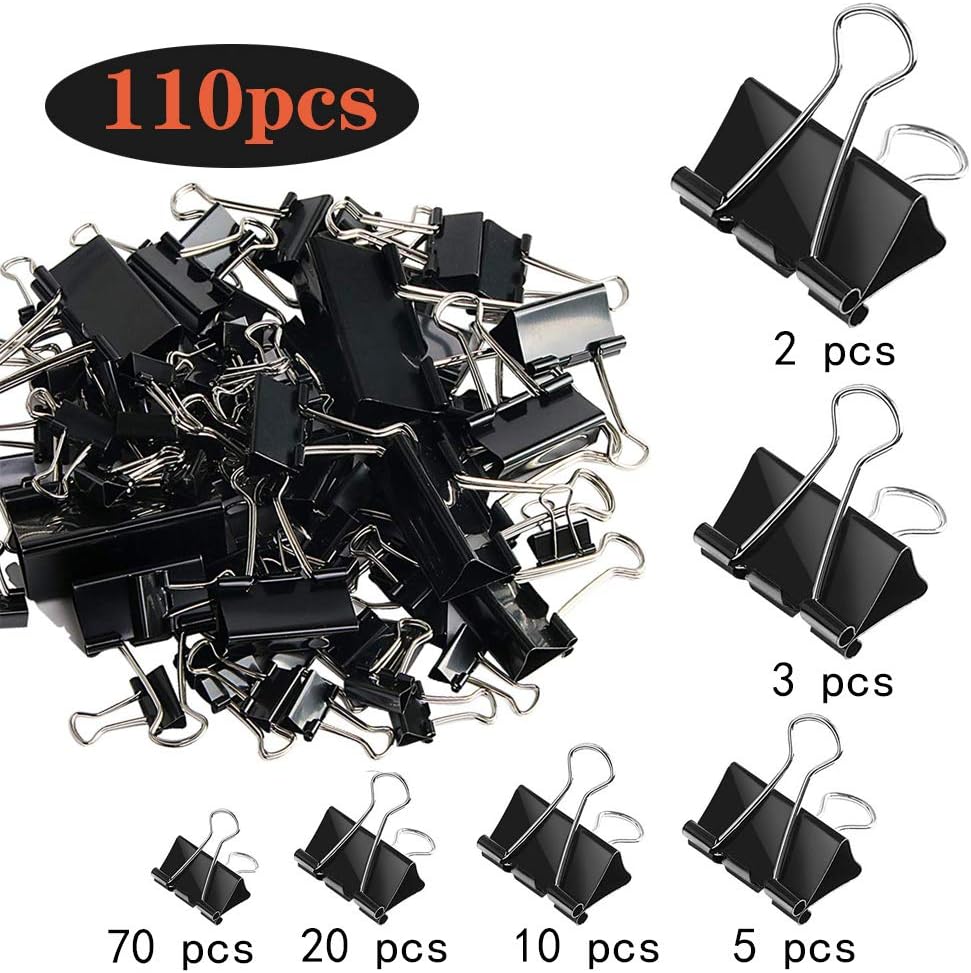 SANNIX 110 PCS Binder Clips Assorted Sizes, X Large, Large, Medium, Small, Mini and Micro, Binder Clips Paper Clamps for Office Home School
