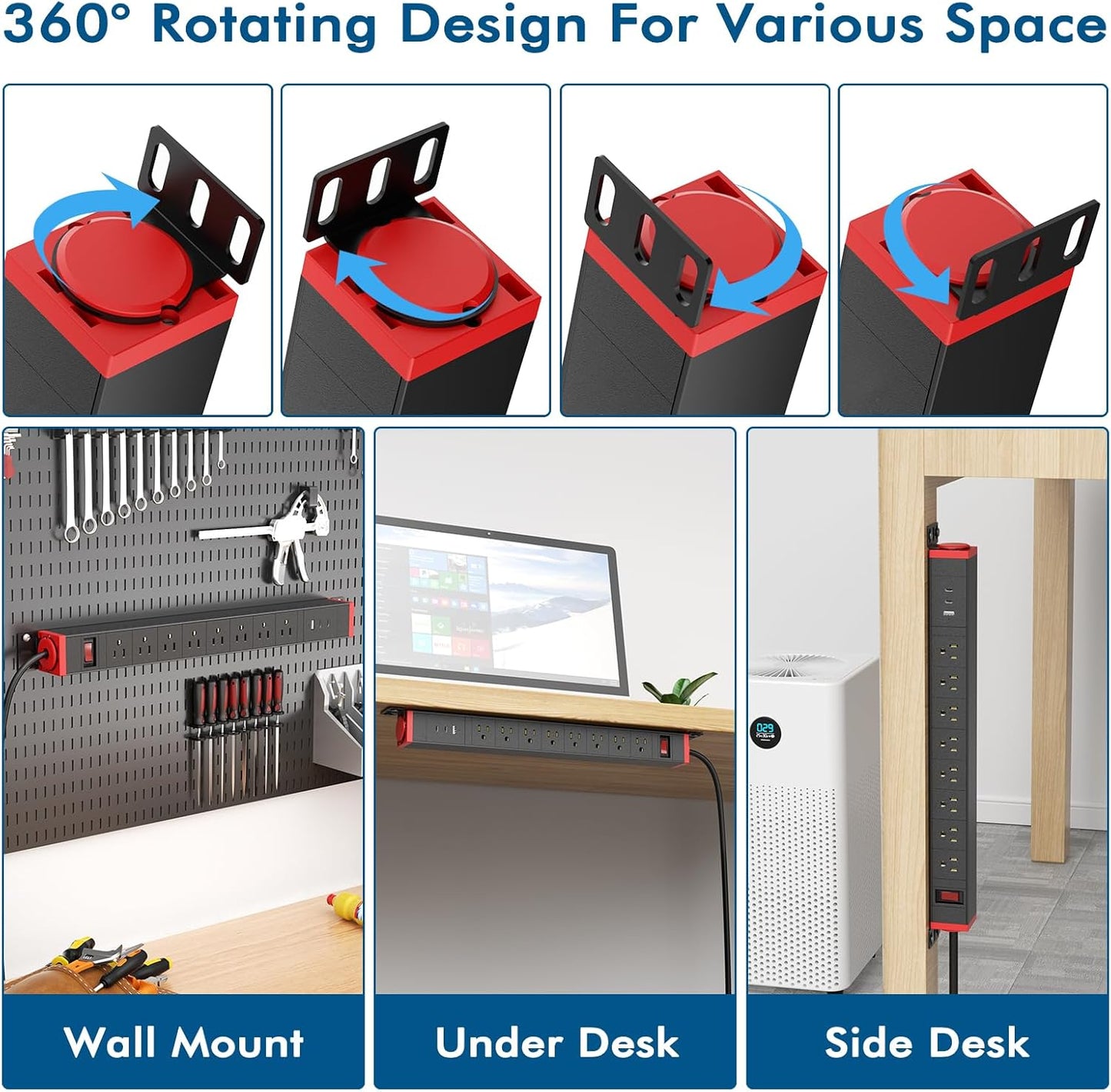 360° Rotating Mountable Power Strip with USB Ports, 8 Outlet Surge Protector Power Strips Wall Mount, Metal Heavy Duty Versatile Outlet with 6FT Power Cord,For Home Office Industrial Garage Commercial