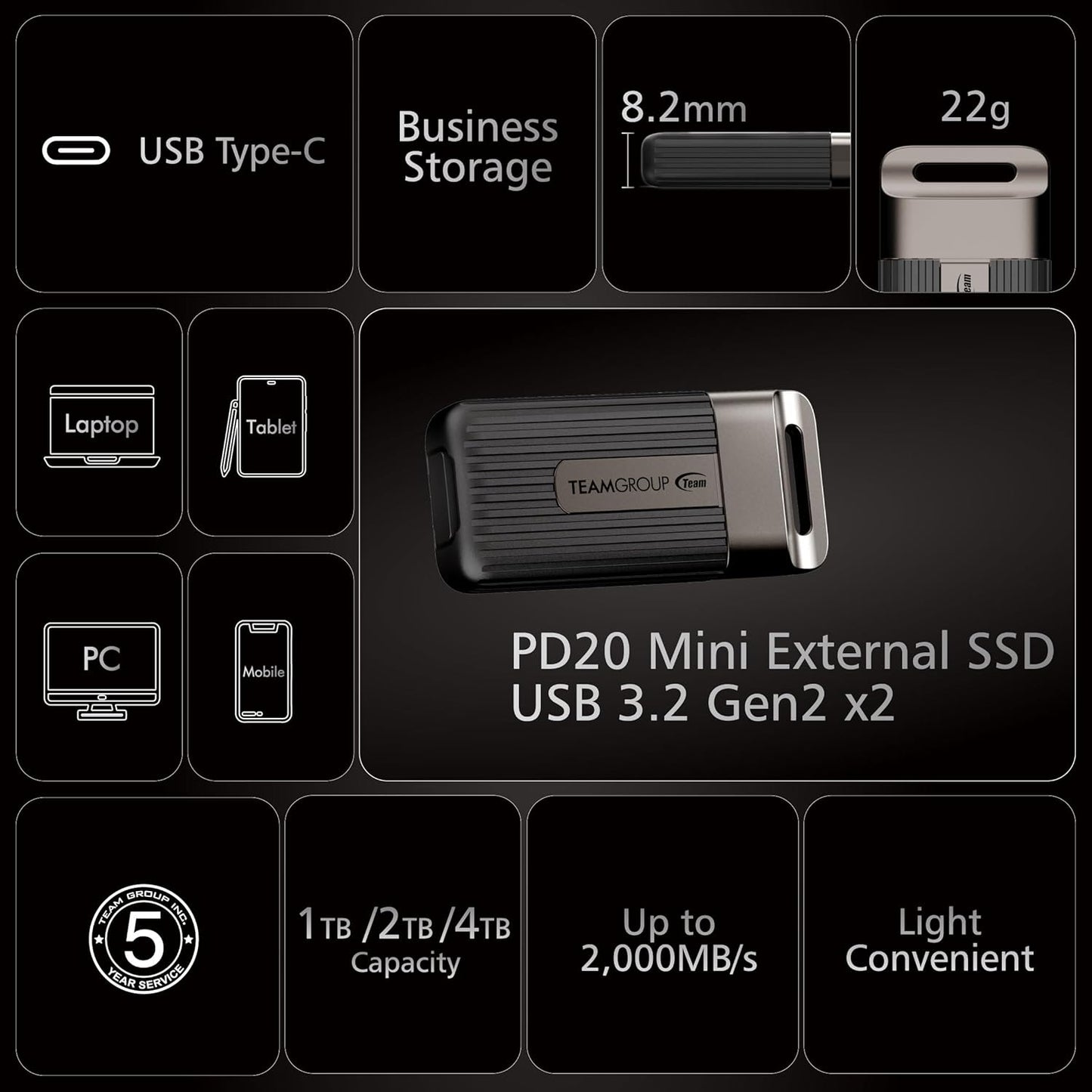 TEAMGROUP PD20 2TB Portable External Solid State Drive SSD Read up to 2000MB/s USB 3.2 Gen2x2 Type-C Waterproof Dustproof IP54 TPSEG5002T0C102