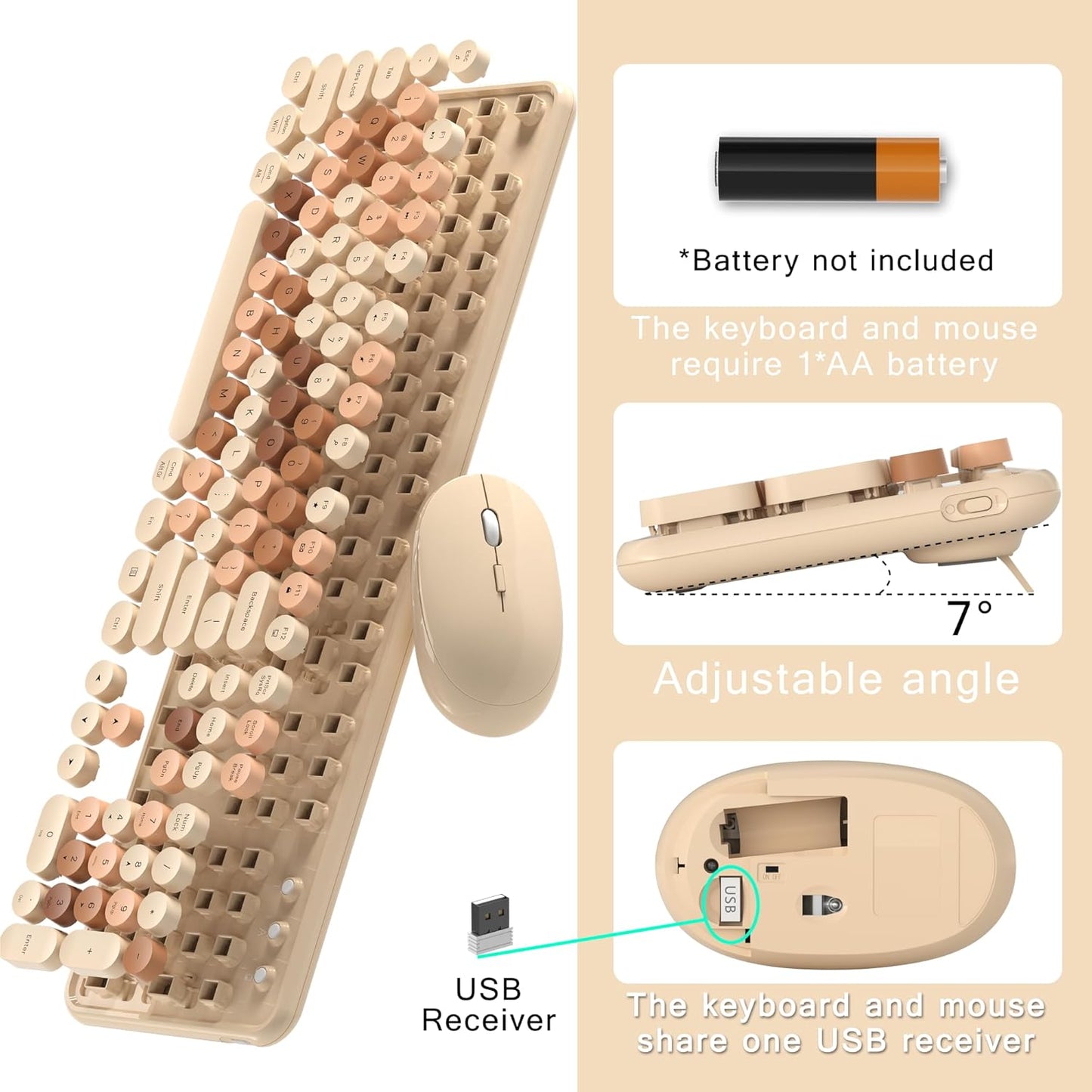 Colorful Wireless Computer Keyboard and Mouse Combo with Round Typewriter Keycaps, Retro Design, Power Switch, Ergonomic Design, 2.4GHz Wireless for Windows, Mac, PC(Milk-Tea Colorful)