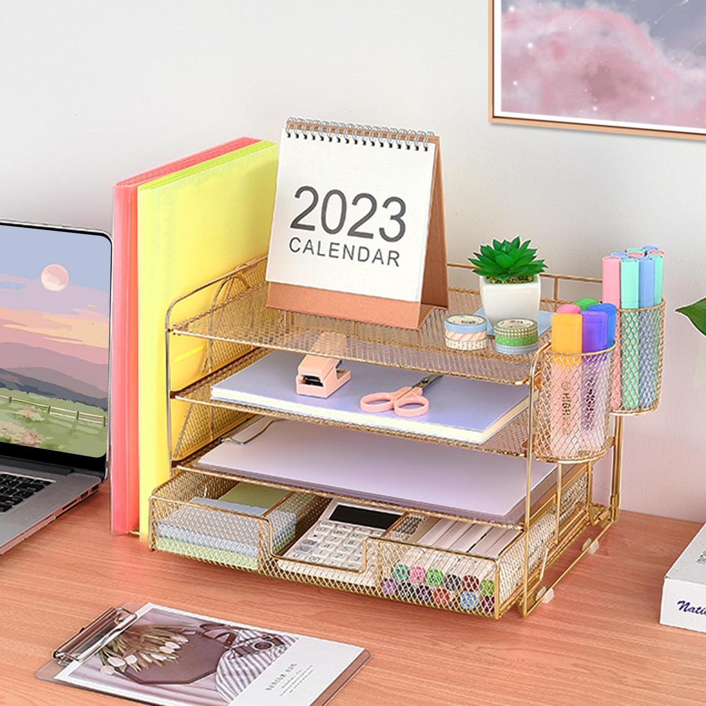 Desk Organizer and Accessories, 4-Tier Desktop File Organizer with Drawer and 2 Pen Holders, Office Desk Accessories for Office Supplies(Gold)