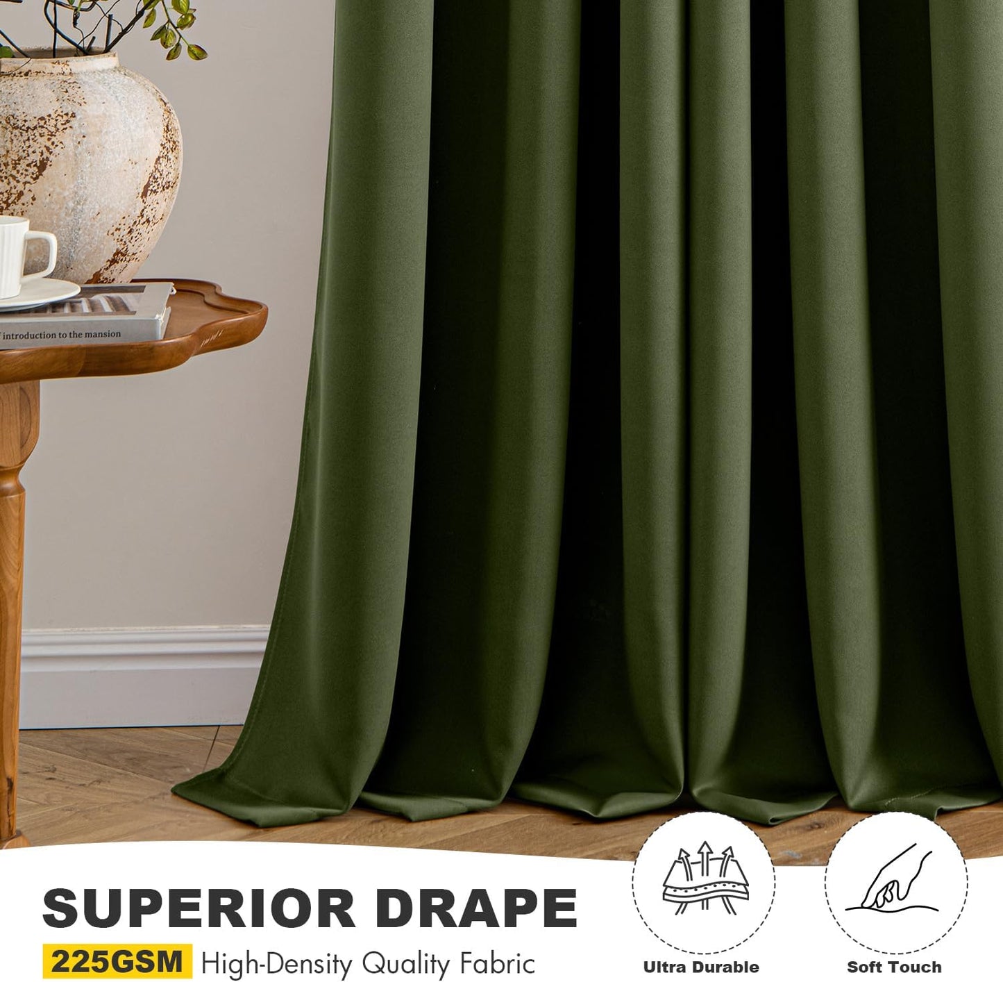 MIULEE Olive Green Blackout Curtains for Bedroom Living Room 90 Inches Long 2 Panels, Thermal Insulated Room Darkening Drapes Solid Grommet Top Noise Reducing Dark Green Window Treatments 40x90 Inch
