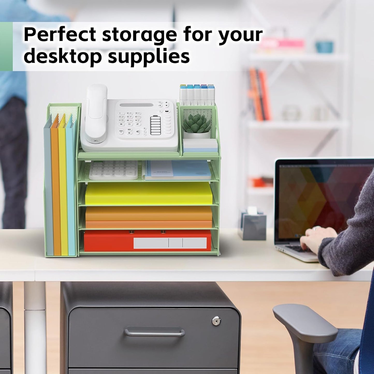 DocNest 5 Tier Paper Letter Tray File Organizer, Mesh Desk File with Handle, Workspace Desk Organizers with Pen Holder, Office Organization Storage Accessories - Green