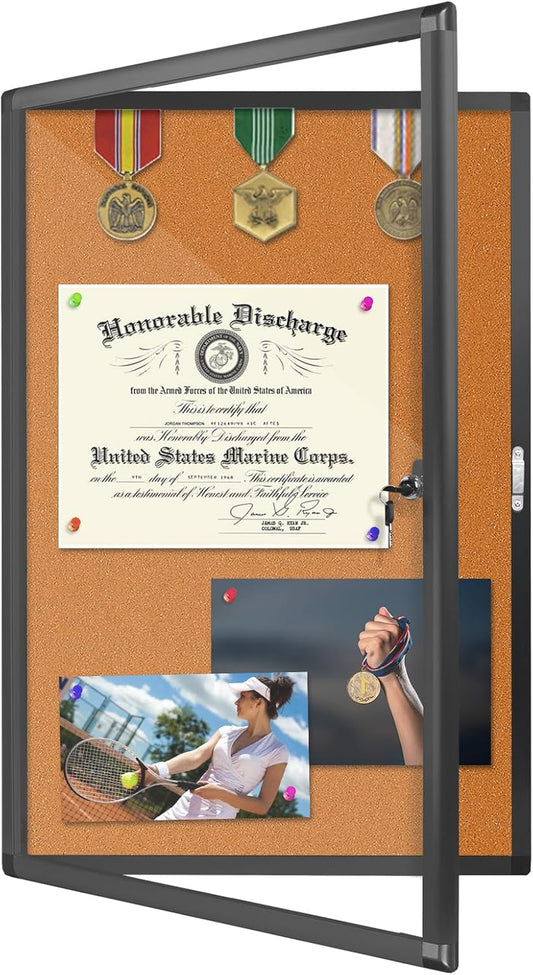 Enclosed Bulletin Board, Cork Noticeboard Board with Clear Acrylic Locking Door, Wall-Mounted Display Case for Indoor, Message Board 36x24in (5xA4)