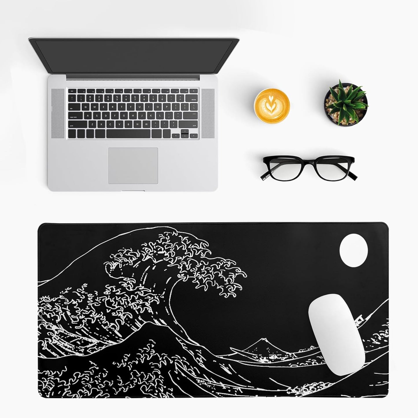 Japanese Sea Wave Gaming Mouse Pad 27.6x11.8 Inch Anime Black Large Mousepad Extended Kanagawa Mousepad Gaming Non-Slip Rubber Base Stitched Edges Keyboard Mouse Mat Desk Pad for Office Home Game