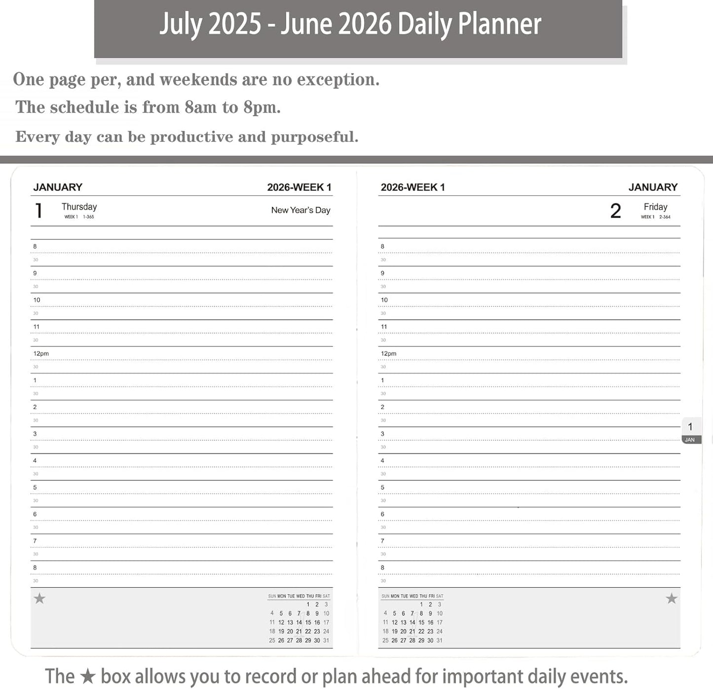 Daily Planner 2025-2026, One Page Per Day, Academic Calendar (July 2025 - June 2026), Appointment Book with Time Slots and Monthly Tabs, 5.7" x 8.25", Pocket, Leather Cove (Black)