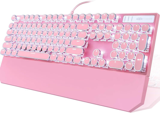 Camiysn Typewriter Style Mechanical Gaming Keyboard, Pink Retro Punk Gaming Keyboard with White Backlit, 104 Keys Blue Switch Wired Cute Keyboards, Round Keycaps for Windows/Mac/PC