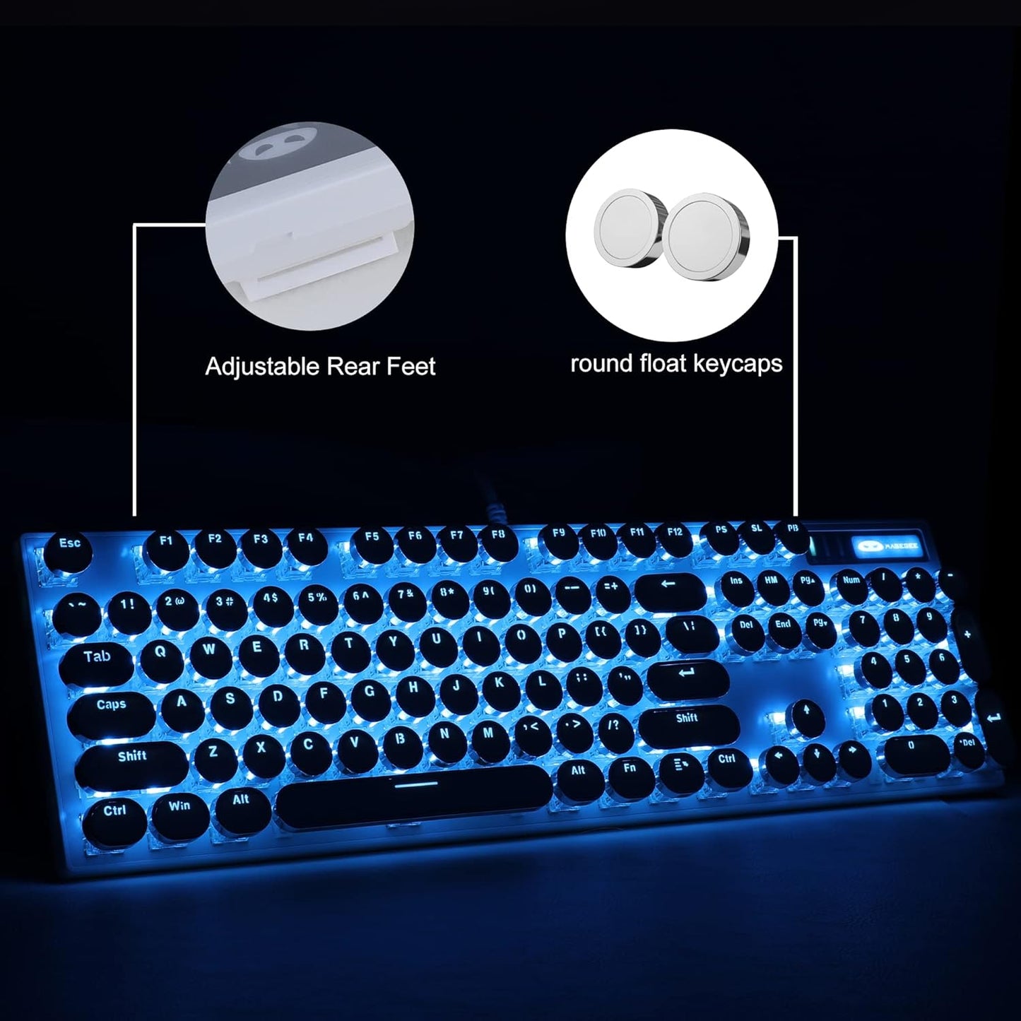 Camiysn Typewriter Style Mechanical Gaming Keyboard, White Retro Punk Gaming Keyboard with Blue Backlit, 104 Keys Blue Switch Wired Cute Keyboards, Round Keycaps for Windows/Mac/PC