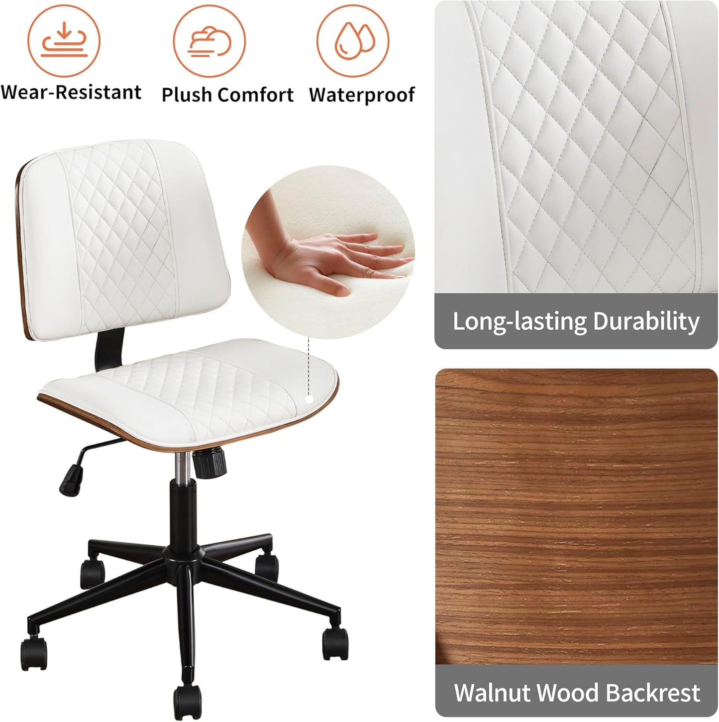 Stylish White Home Office Chair – Armless PU Leather Mid-Back Chair with Adjustable Height, Swivel Wheels, Walnut Finish for Study, Bedroom, or Dorm Room