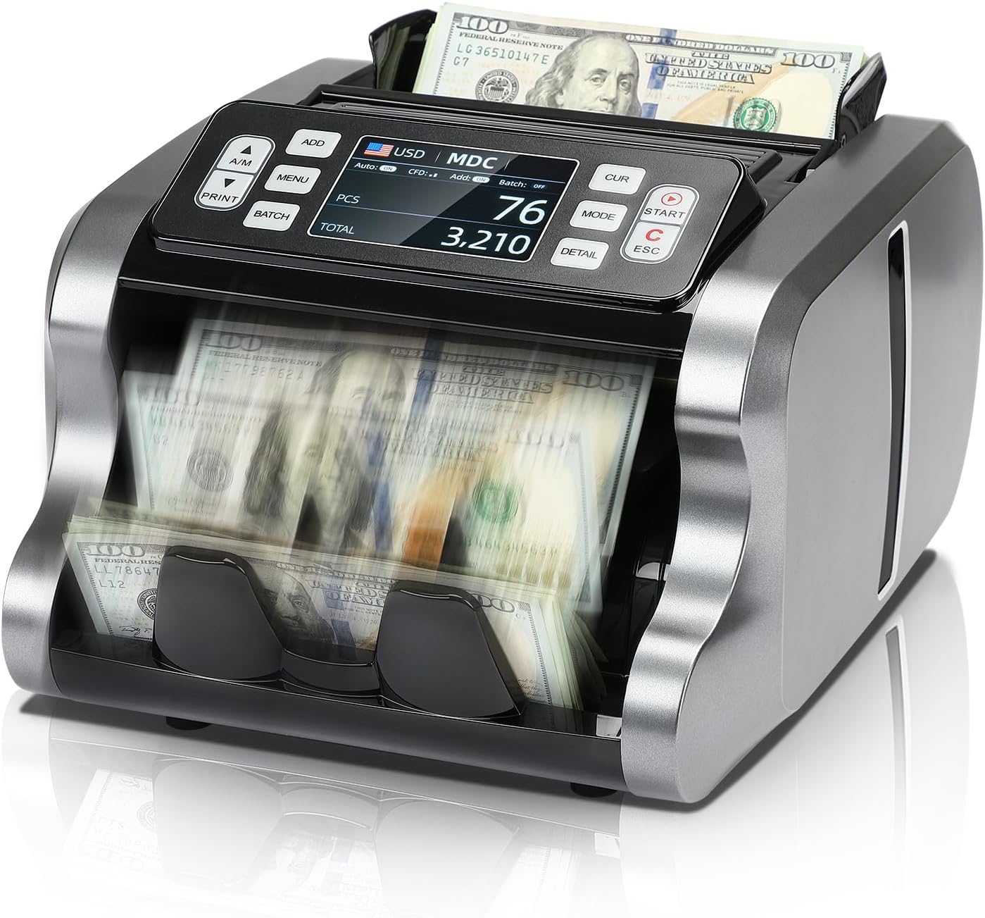 MUNBYN IMC09 Mixed Denomination Money Counter Machine, Value Counting, UV/MG/IR/MT Bill Counter, 3.5" TFT Display Money Counting Machine Printer Enabled, USD, EUR, MXN Cash Counter for Business(Black)