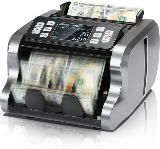 MUNBYN IMC09 Mixed Denomination Money Counter Machine, Value Counting, UV/MG/IR/MT Bill Counter, 3.5" TFT Display Money Counting Machine Printer Enabled, USD, EUR, MXN Cash Counter for Business(Black)