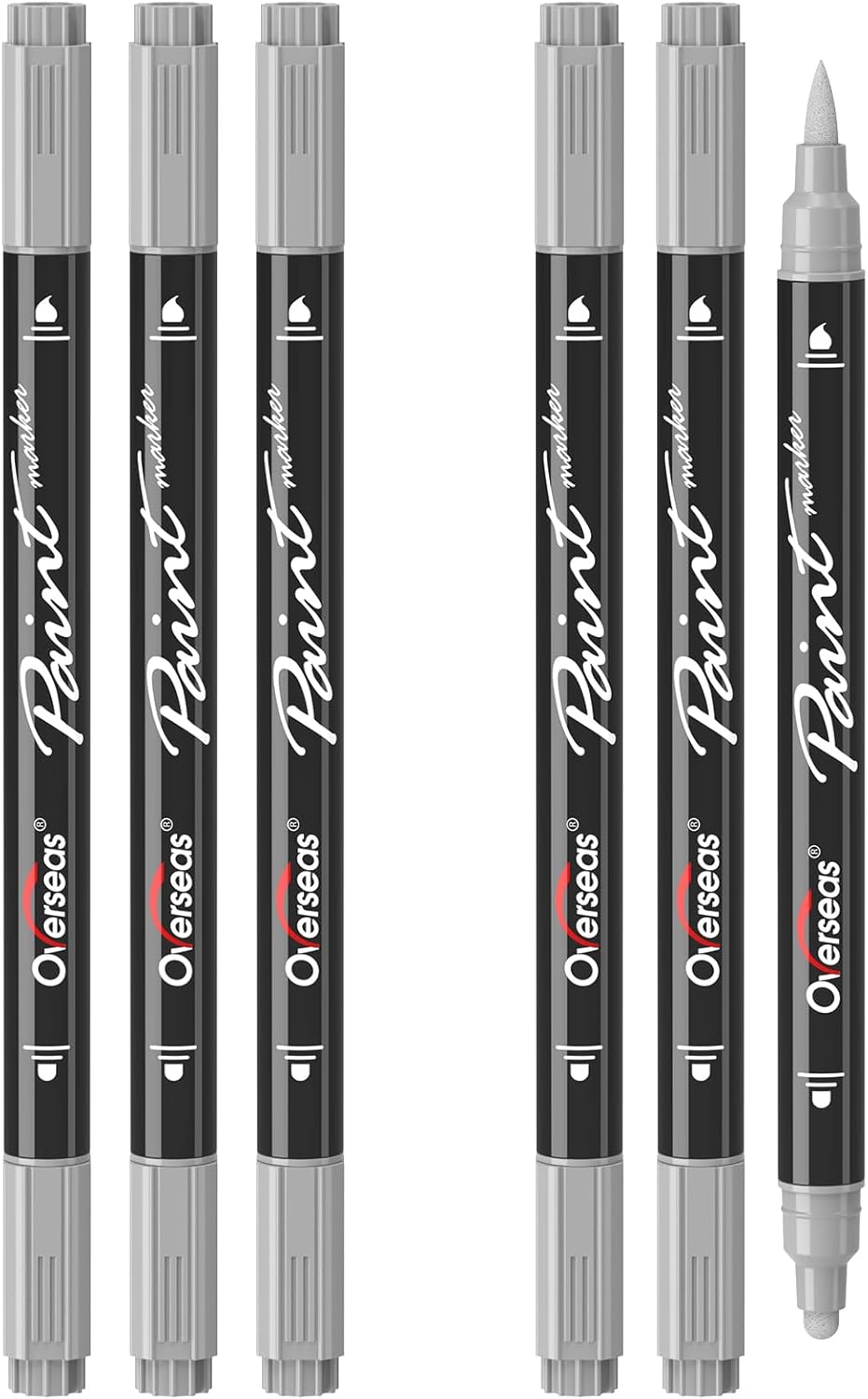 Overseas Silver Acrylic Paint Markers, 6 Pack Dual Tip Paint Pens Acrylic Markers - Dot and Brush Tip Coloring Marker for Wood, Rock, Canvas, Glass, Metal, Plastic, Rubber, Fabric, School Supplies