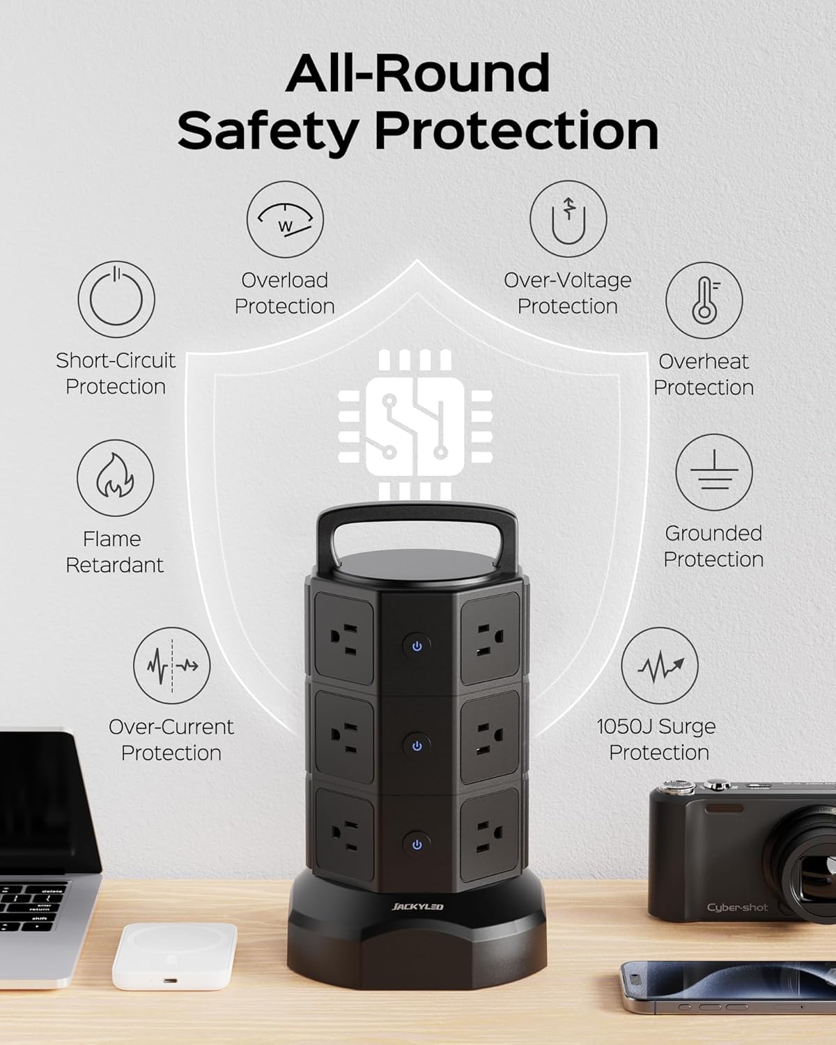 Power Strip Tower Surge Protector, JACKYLED 1625W 13A Outlet Surge Electric Tower, 12 Outlets 6 USB Ports Charging Station with 16AWG 6.5ft Heavy Duty Extension Cord for Home Office Dorm Black