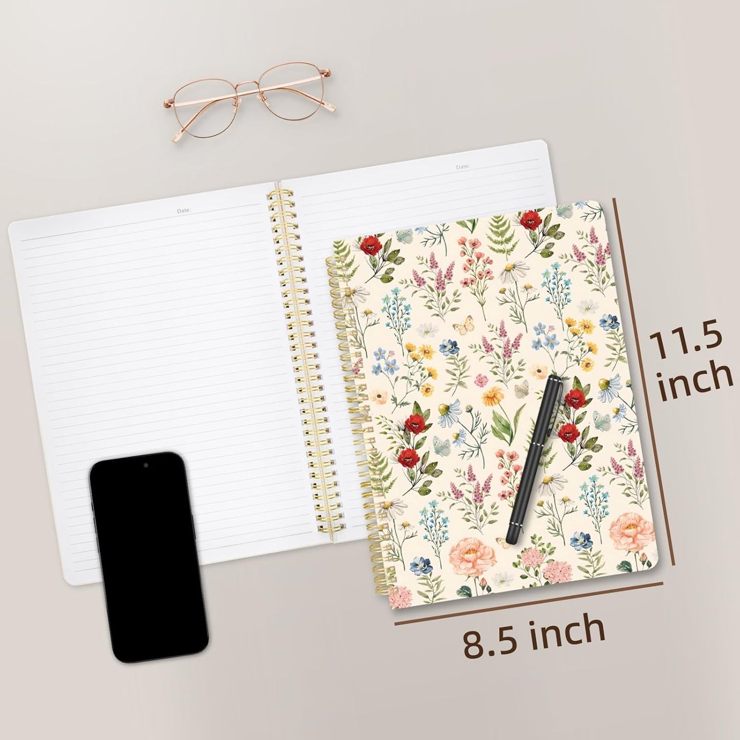 Cute Spiral Notebook journal A4 Aesthetic Pretty Design for Women Girls Kawaii with Pocket, 11.5 x 8.5 inch, Lined, Vintage Flower